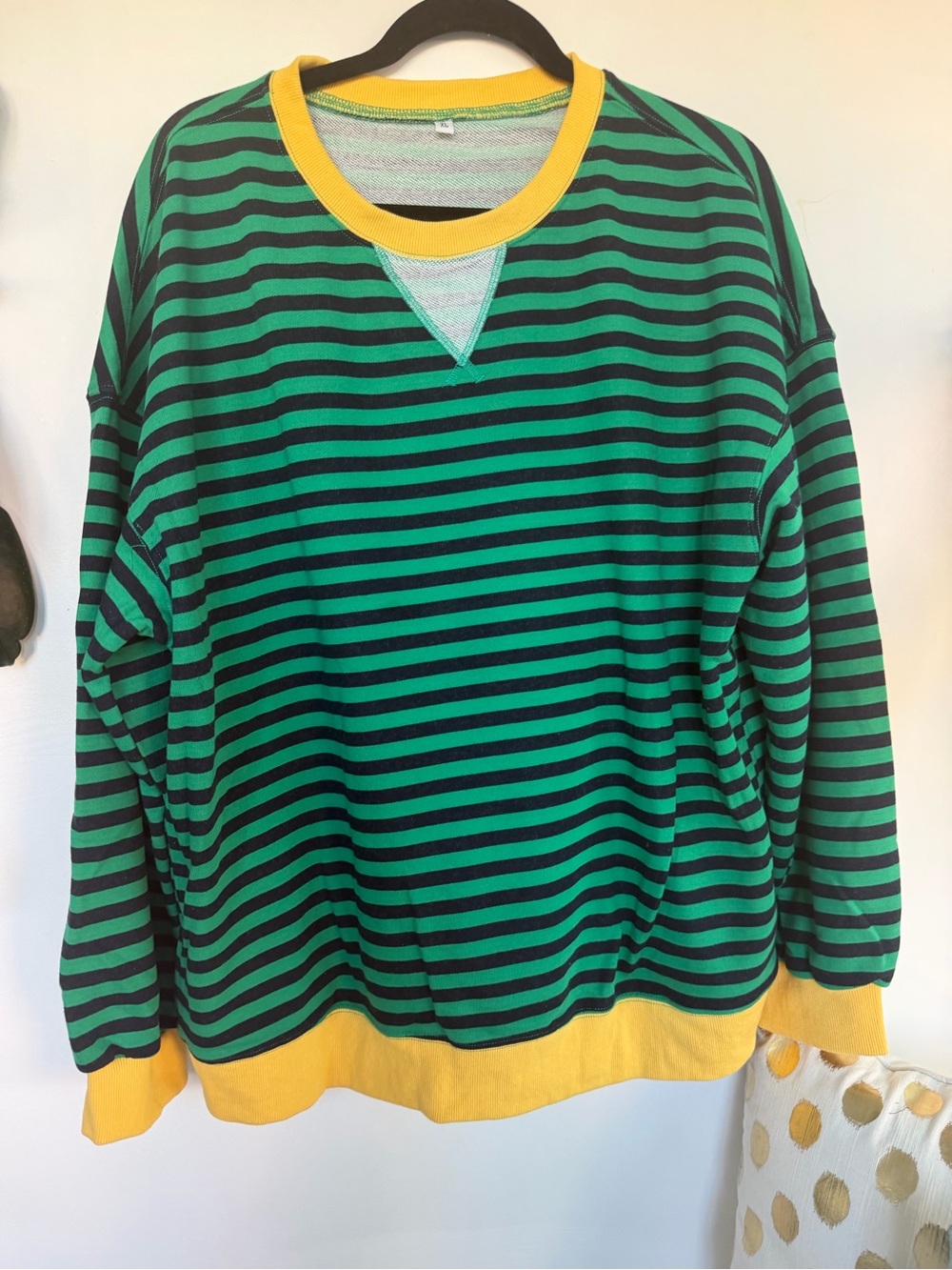 Green & navy Striped Crewneck Sweatshirt with Yellow Trim